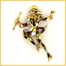 Spilla in ORO Giallo 18 kt 750 e Smalto Smaltata Arlecchino Vintage da Donna