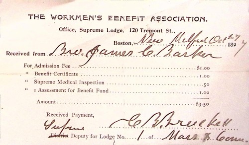 The Workmen's Benefit Association 1897 Boston Antique Dues Fee Receipt