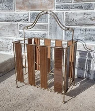 Vintage Mid Century Atomic Gold Wire & Wood Slat Magazine Newspaper Rack Stand