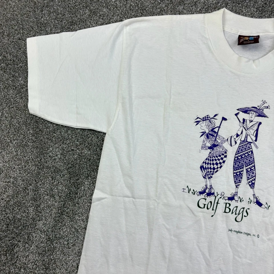 Vintage Golfing Art Shirt Mens Large White Golf Bags Jester Golfer Painting Golf - Image 3 of 4