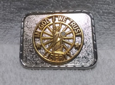 Small In God We Trust Liberty Silver Gold Buckle Rhinestone Center Great Vintage