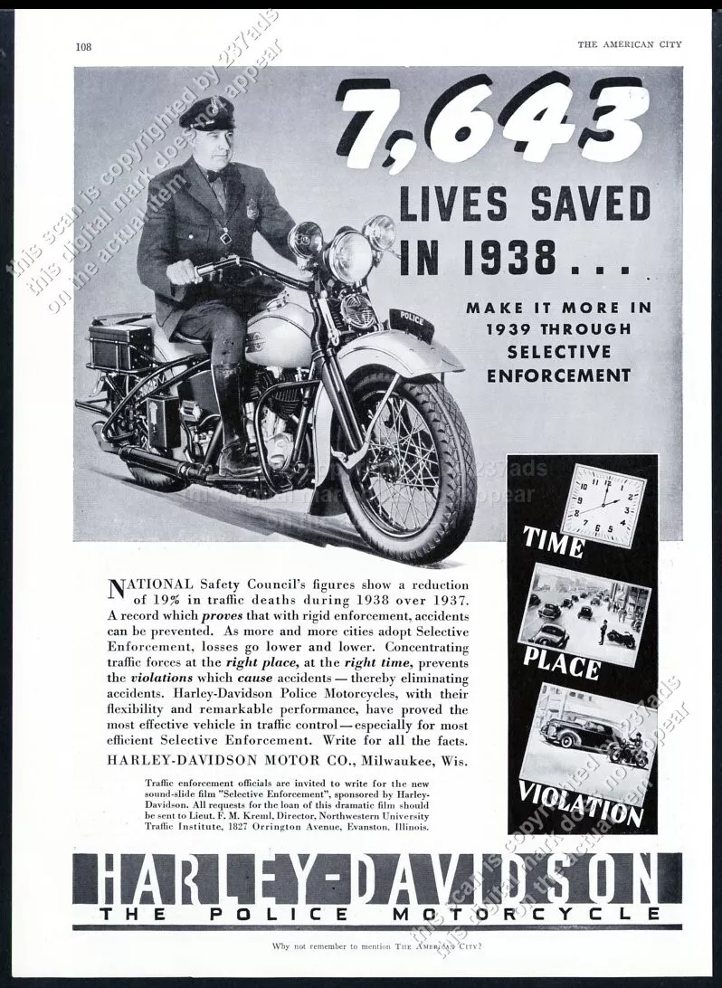 1940 Harley Davidson motorcycle cop photo vintage trade print ad