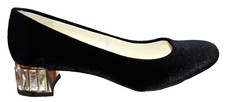 Anne Klein Dress Black Velvet Gold Block Heels Pumps w/Crystal Baguettes Sz 6.5