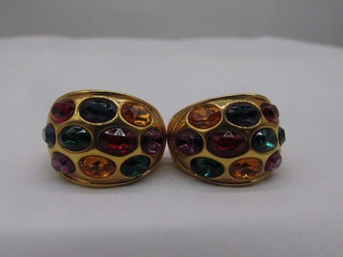 Joan Rivers Gold Tone & Multi Colored Rhinestone Clip On Earrings 1 x 5/8" #58y - Bild 2 von 5