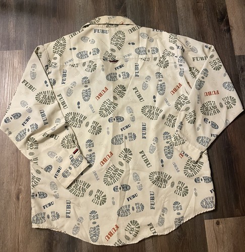Vintage Fubu All Over Print Logo Short Sleeve Button Up Shirt Size XL Polyester - Picture 3 of 5
