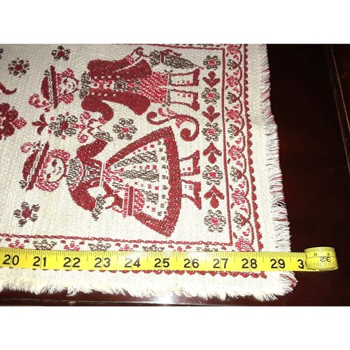 Vintage Austria Folk Art Linen Woven Table Runner Boy Girl Fringe Red Beige - Picture 6 of 8