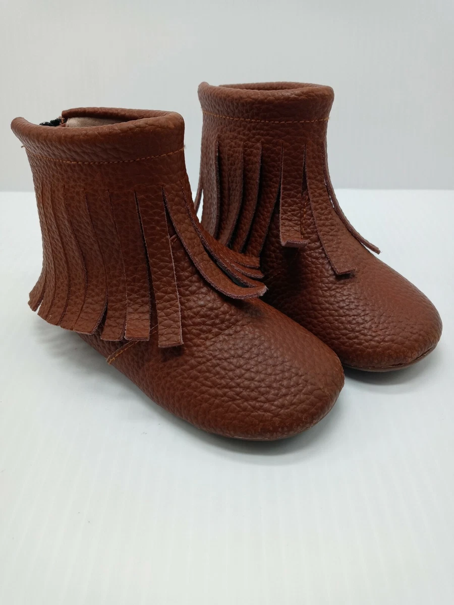 Monkey Feet Brown Leather Tassle Zip Kids Girls Boots Size 18 24