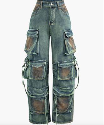 NWT MICAS Stained Multi Pocket Straight Leg Cargo Jeans Steel Blue Sz Medium