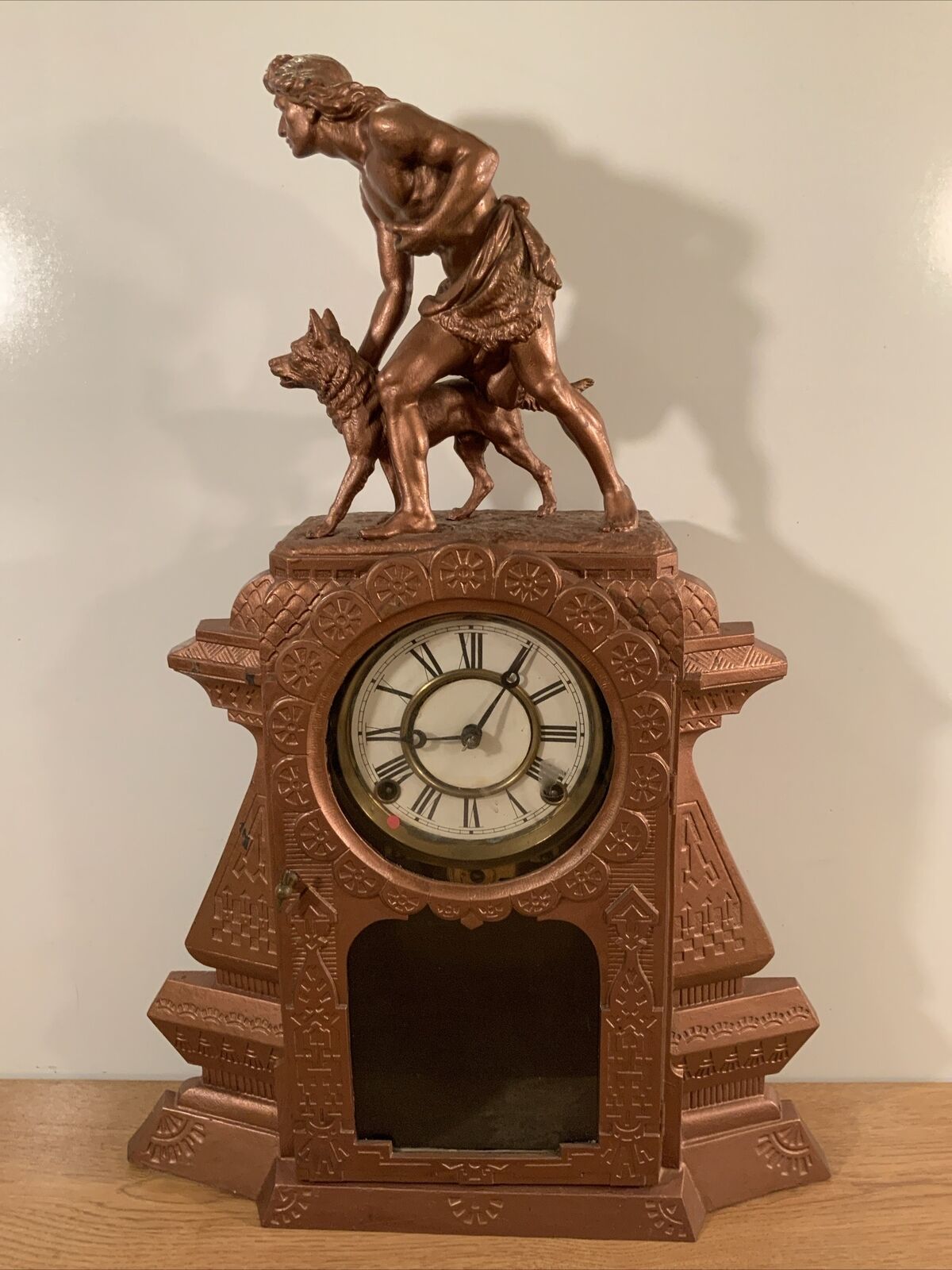 Vintage Antique Large 22” NICHOLAS MULLER Cast Iron Figural Front Wind Up Clock