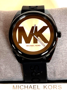 Michael Kors Black and Gold MK Logo Silicone Watch Oversized Everest Gold-Tone and Silicone Watch in BLACK  main image 2
