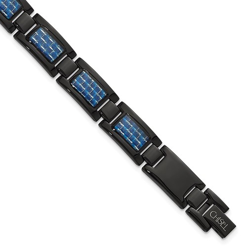Brazalete de acero inoxidable pulido negro chapado en IP con incrustación de fibra de carbono azul