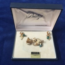Vintage Prestige Earrings Brooch Set GoldTone Gen Jade/Cultured Pearls/Orig Box