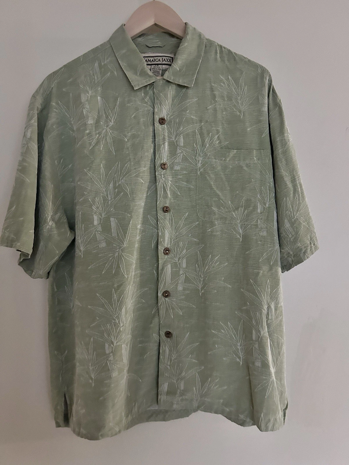 Jamaica Jaxx Men's Short Sleeve Hawaiian Shirt Green, 100% Silk, Large