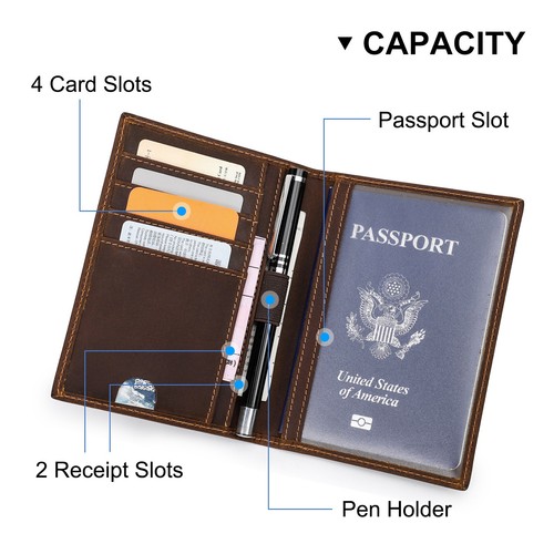 Rfid Blocking Leather Passport Cover Holder Travel Wallet With Credit Card Pen - Picture 3 of 8
