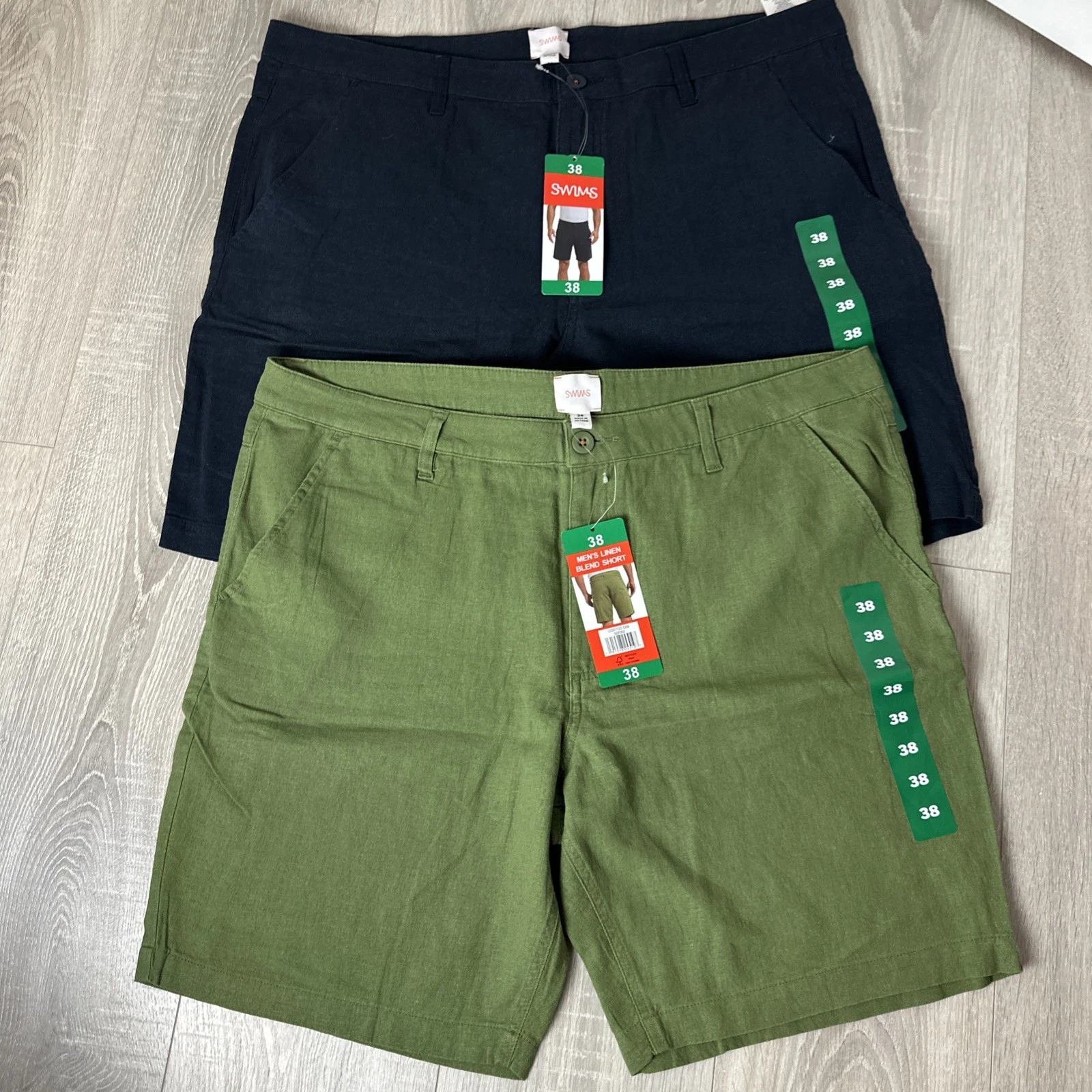 SWIMS Mens Linen Blend Green &navy Shorts Size 38 BNWT