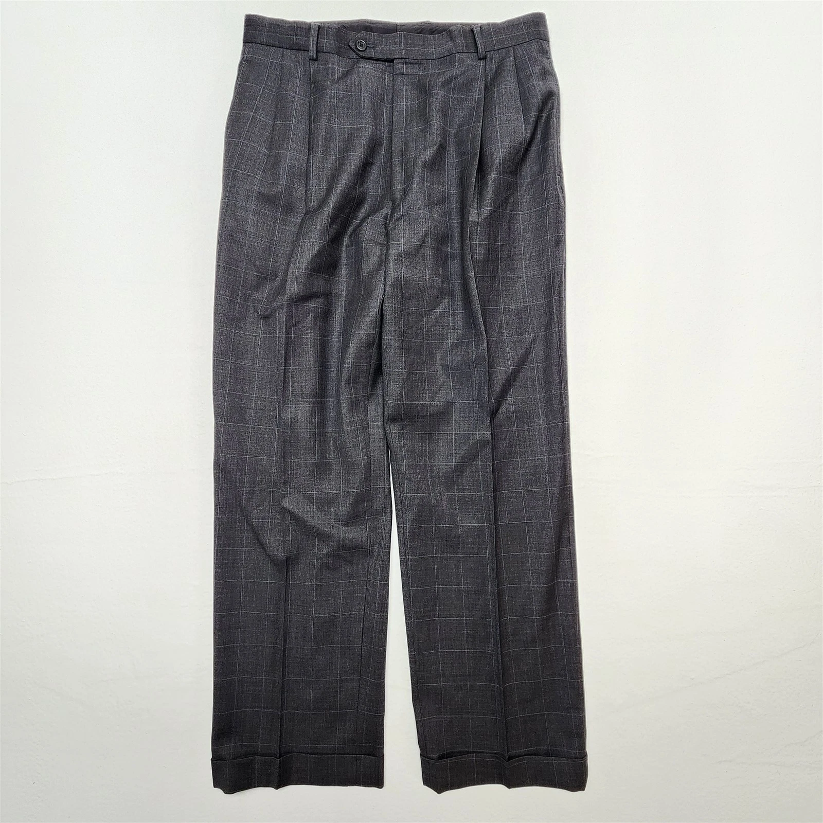 Jos A Bank 34x30 Gray Windowpane Wool High Waist Full Cut Suit Dress Pants