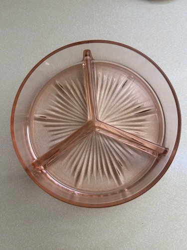 Vintage Pink Depression Glass 3 Section Divided Relish Dish Plate 6.5”