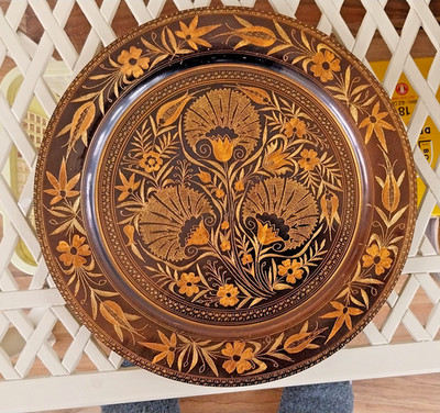 Vintage geätzte 13'' Kupfer Wandrelief, Metallwaren handgefertigte Wandplatte Kunst