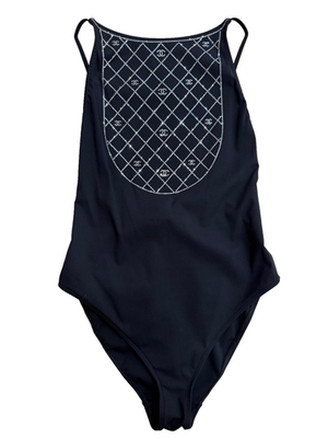 syk　CHANEL 水着　swim suits ワンピース Chanel 23C Black Silver Crystal CC Logo One Piece Swimsuit Runway
