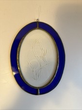 Stained Glass Sun Catcher Hummingbird Etched Oval Blue EUC 19
