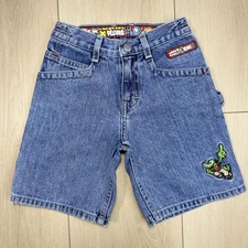 VTG Y2K JNCO USA Made Kids Denim Shorts Size 5 Blue Cartoon Embroidered Skater