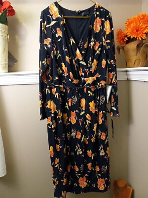 Rachel Roy Women Navy Coral Bouquet Pleated Long Sleeve Dress Size 20W