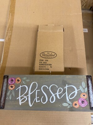 Brownlow Gifts, Blessed Block Sign, Gray Wood, Flower Design 10'' x 3 3/4'' x 3/4''