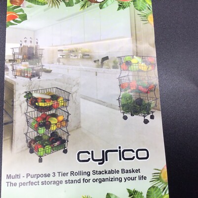Kitchen Stackable Rolling Cart Vegetables Fruit 3 Baskets