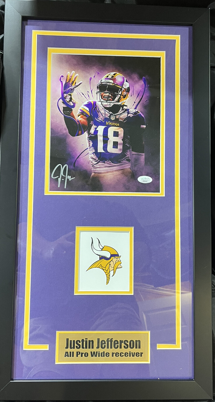 Justin Jefferson Autographed Signed Minnesota Vikings 8x10 Photo in a 14x26 framed plaque w/ JSA COA 