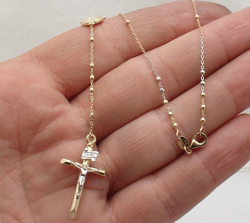 17" 2mm Diamond Cut Bead Cross Rosary Chain Necklace Real 14K TriColor Gold - Picture 2 of 4