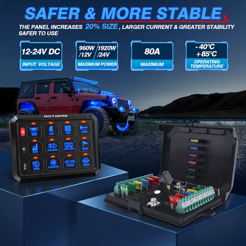 MICTUNING P1S 12 Gang Switch Panel RGB LED Light Bar Relay System Marine 12/24V - Picture 17 of 24