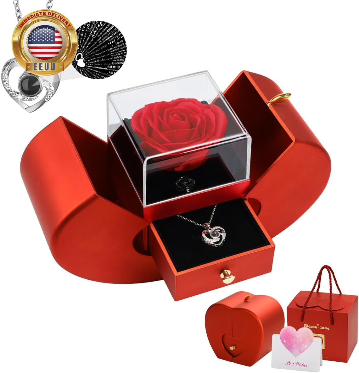 Preserved Rose Gifts for Women, Eternal Flower Rose Box with Heart Necklace, Rom
