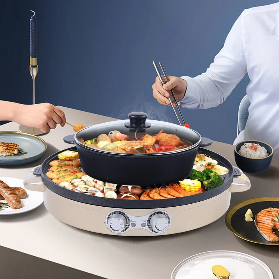2 in1 Multifunction Hot Pot BBQ Double Electric Skillet Smokeless Non Stick DE - Image 3 of 4