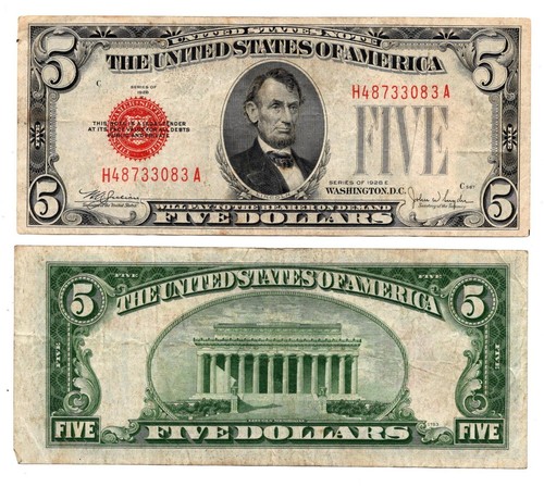 US $5.00 Legal Tender Note (Red Seal) 1928E - Circulated