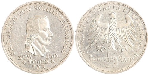 BRD 5 DM 1955 F - Friedrich von Schiller - Silber - vz