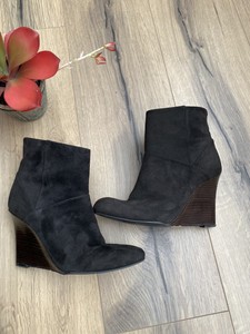 black suede boots with wooden heel