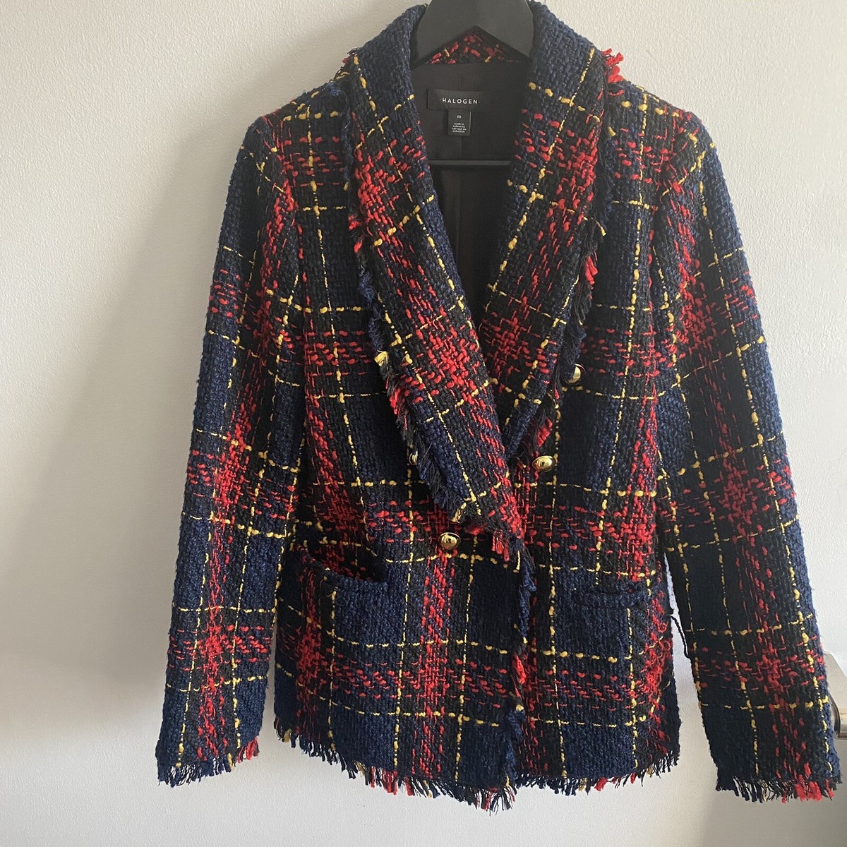Tweed Plaid Blazer Jacket Halogen Red Navy Gold Tone Buttons - Main Image