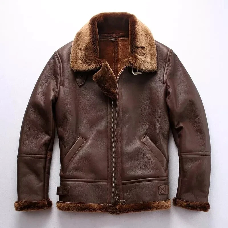 B-3 WW2 Mens US Navy RAF Aviator Flying Pilot Fur Shearling Real Leather Jacket