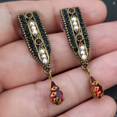 Michal Negrin Earrings Black Red Aurora Borealis Crystals Geometric Post Deco - Picture 2 of 15