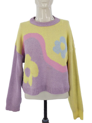 Zara Pullover Blumen Jacquard Pulli Pastell Gelb Lila Baumwollmischung Pulli M