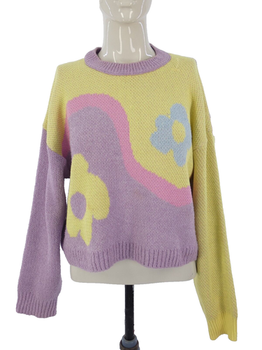 Pull jacquard floral Zara Jumper pastel jaune violet coton mélangé M - Photo 1/12