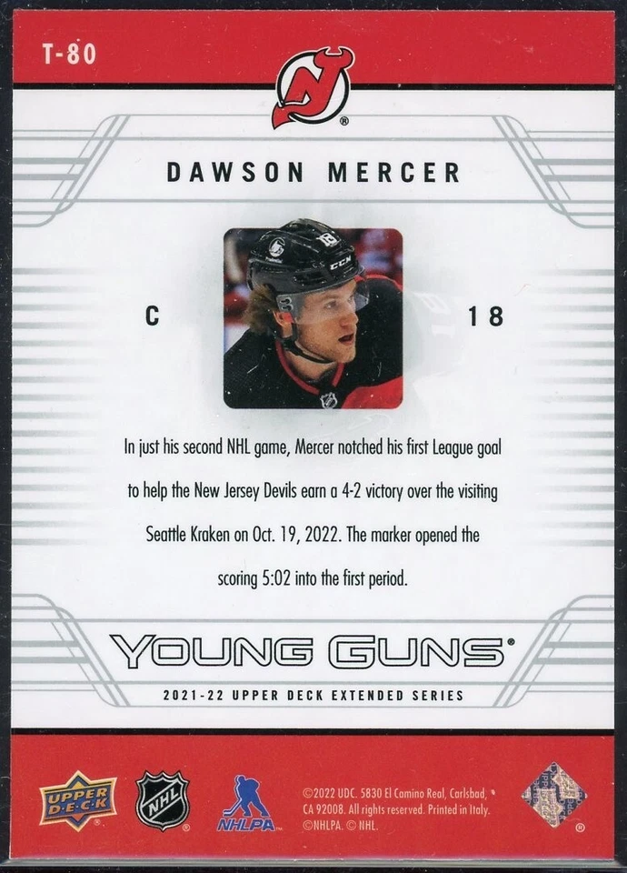2021-22 Upper Deck Extended Series Retro Young Guns Dawson Mercer #T-80 - Image 2 of 2