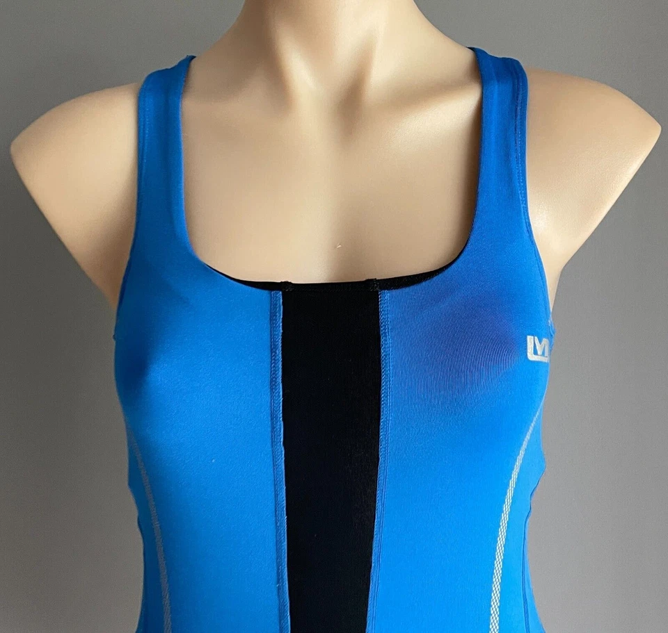 LES MILLS Tank Top Blue Black Trim Sleeveless Cut Out Back Stretch Sports Sz 10 - Image 2 of 4