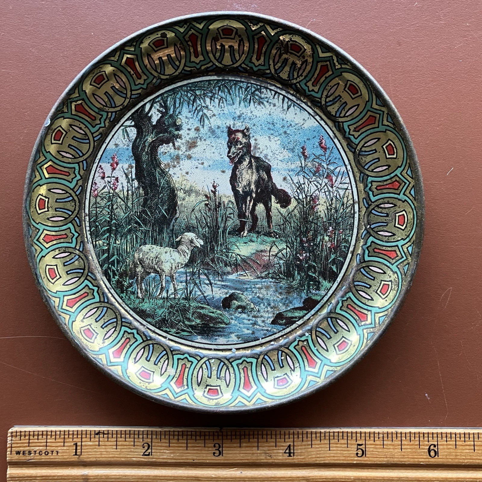 Decorative Brass Plate Antique Brass Charger French, Wolf And Sheep, Fairy Tale