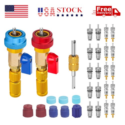#ad R134A R12 Valve Core Remover Installer Tool Kit No Loss High Low AC Brass 37pc $34.25