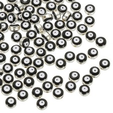 100 Pcs 8mm Flat Round Evil Eye Beads with Silver Edge, Black