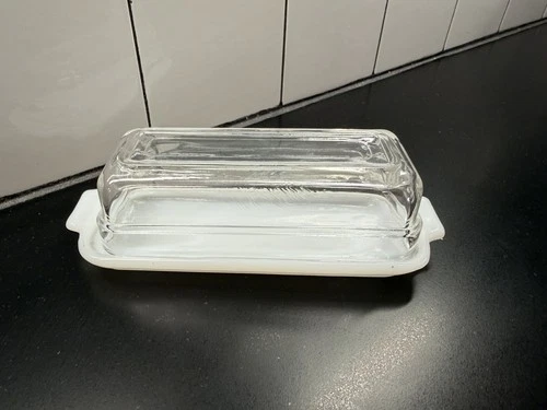 Vintage Fire-King Quarter Lb Butter Dish Milk Glass Clear Crystal Lid
