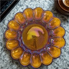Vintage Indiana Glass Amber Carnival Glass Deviled Egg Platter 11 Inch 15 Slot