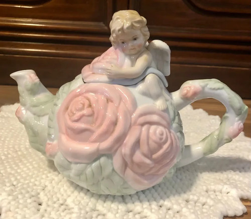 READ! Vintage Blonde Cherub Sculpted Pink Rose Victorian Garden Porcelain Teapot