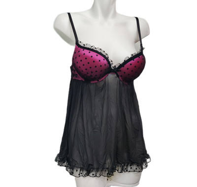 Passion Forever Babydoll Lingerie Top Womens M Black Sheer Polka Dot Molded Cups